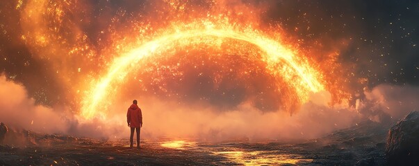 An adventurer in a crimson jacket stands in awe before a glowing