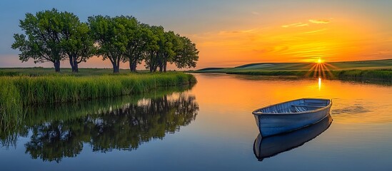 Serene River Landscape with Boat at Peaceful Twilight