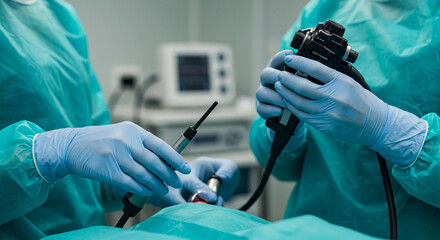 Medical Procedure Close up of Doctors Using Endoscopy Equipment During Examination