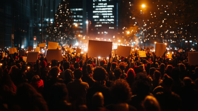 Mass Nighttime Protest with Signs and Candlelights in the City

