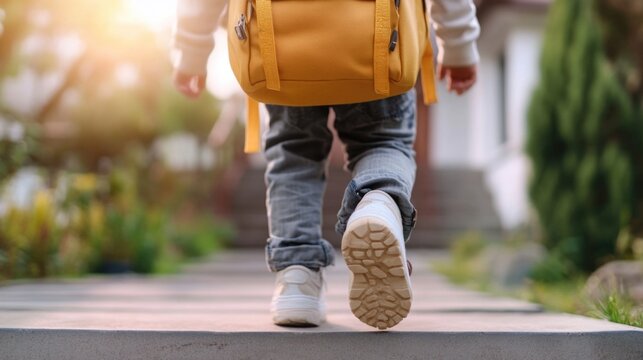 Young child with yellow backpack walking on sidewalk in sunlit park. Back to School, School Season, First Day of School - Education Supplies, Academic Year Beginning