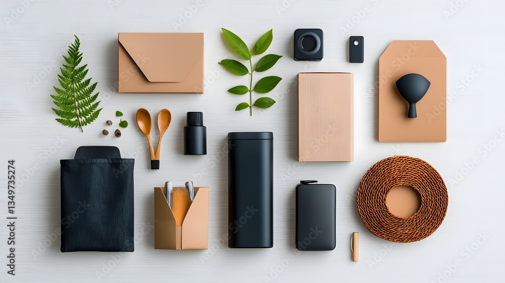 Poster minimalist flat lay composition of various storage containers in distinct geometric shapes and sizes