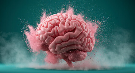 Exploding Brain Pink Human Brain Disintegrating into Dust Particles