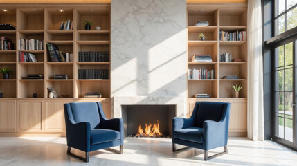 Cozy living room with modern chairs, fireplace, and bookshelves. Natural light enhances inviting atmosphere