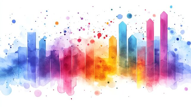 Colorful watercolor representation of a business growth chart, capturing rising trends and progress in metrics with bold, dynamic colors