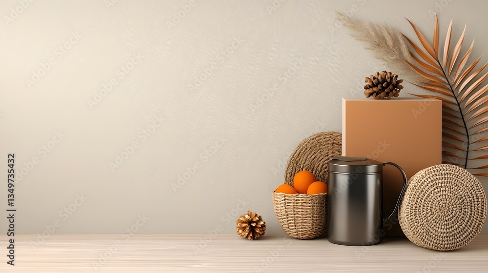 Poster minimalist flat lay composition showcasing an eclectic collection of stylish storage solutions curat