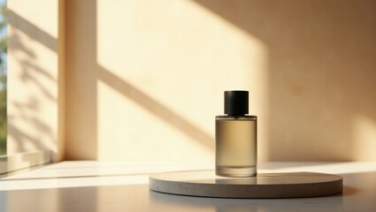 Amber perfume bottle in sunlit room