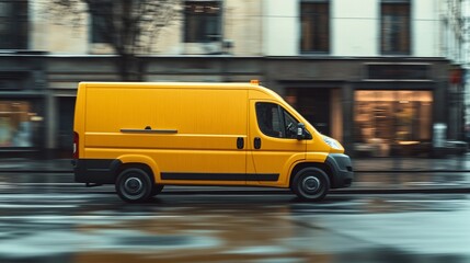 Yellow van city delivery rain blurred background