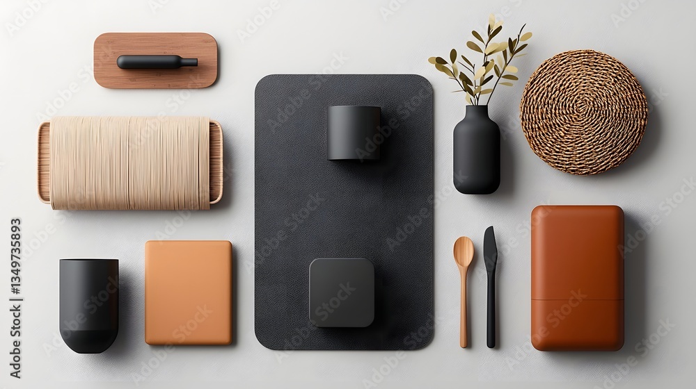 Poster minimalist home decor flatlay featuring an array of organizational containers cardboard wicker and m