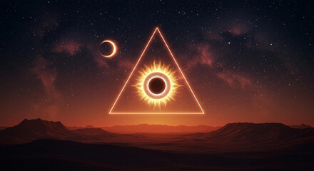 Surreal Desert Landscape with Solar Eclipse in Glowing Triangle Night Sky Stars