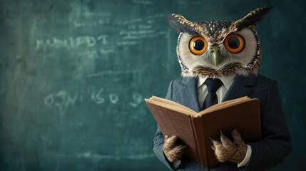 Owl in suit reading book in classroom. Back to School, School Season, First Day of School - Education Supplies, Academic Year Beginning