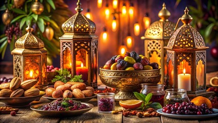 Eid al-Fitr Malay food spread with Nasi kandar and lantern warm festive mood