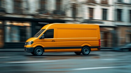 Yellow van speeding city street delivery blur
