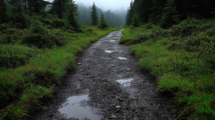 Fototapeta premium Misty mountain path through a lush forest, puddles on a dirt road