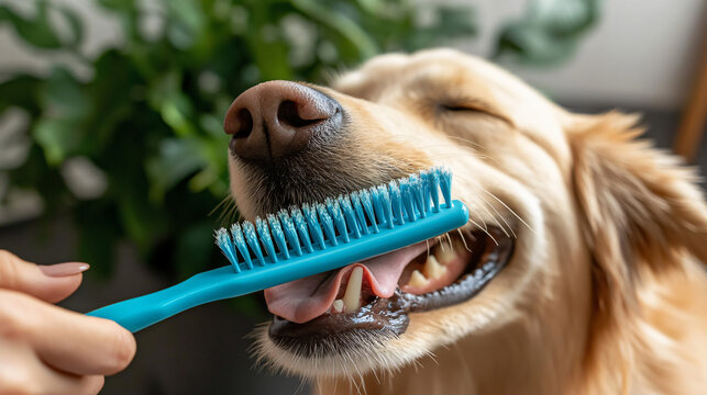 A playful dog enjoys brushing its teeth with careful techniques demonstrated by a groomer for optimal canine dental hygiene.