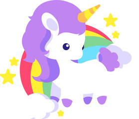 Colorful Cartoon Unicorn with Rainbow and Stars, Design Inspiration, Vector, Illustration, Object, Template