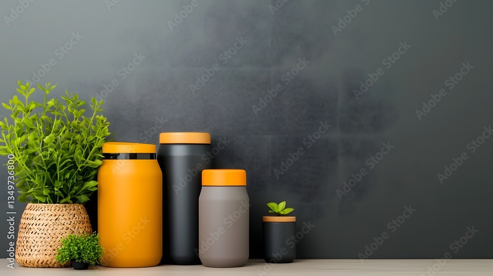 Aufkleber neatly arranged collection of storage containers in cardboard wicker and metal on a pale wooden tabl