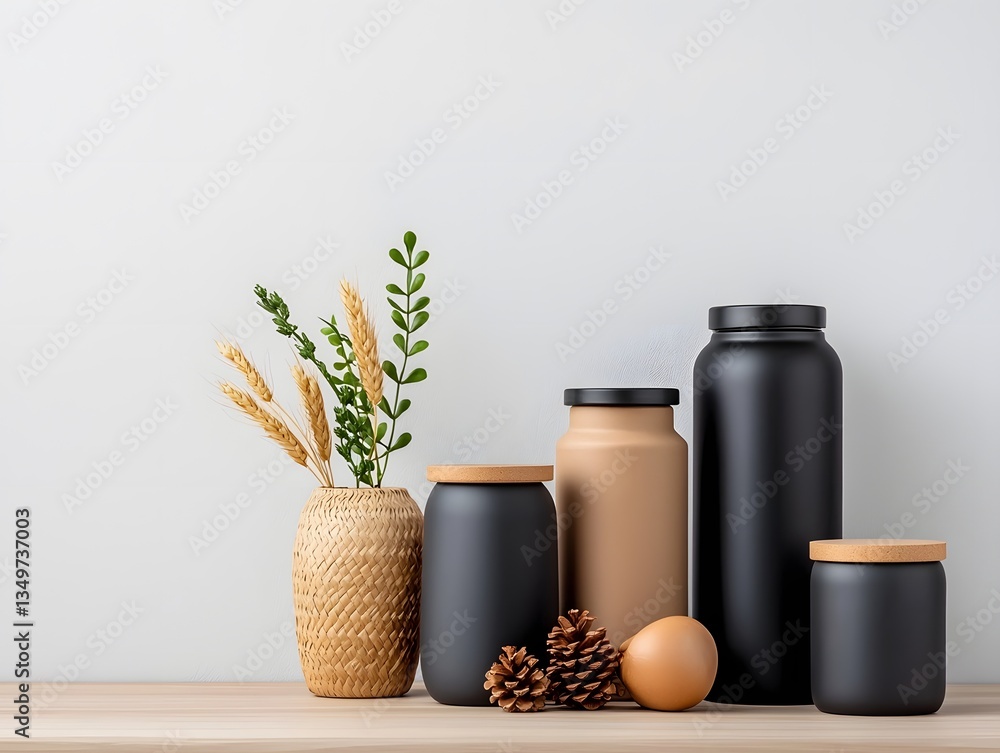 Poster neatly arranged collection of various storage containers including wicker cardboard and metallic acc