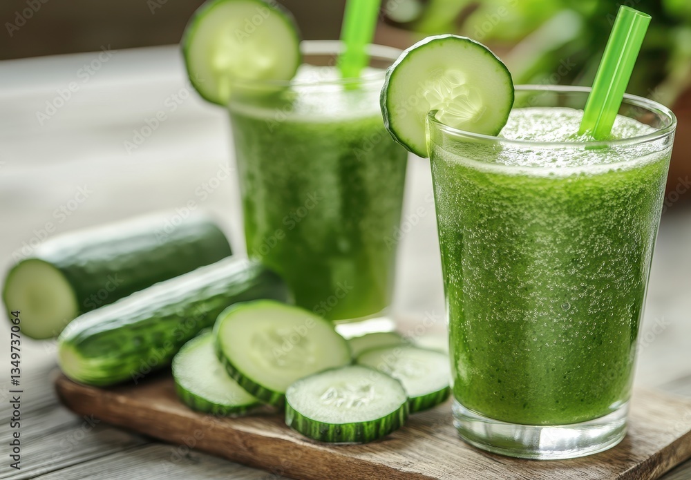 Aufkleber refreshing green cucumber juice with slices and straws on a wooden board surrounded by fresh cucumbe