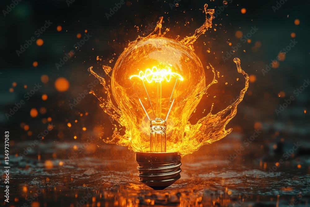 Poster Illuminating burst of energy with a light bulb surrounded by an explosion of water droplets in a dark environment creating a dynamic visual effect