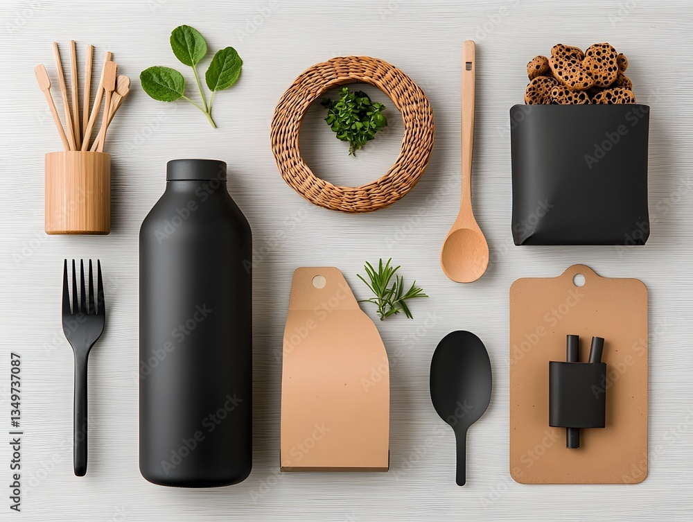 Poster neatly arranged flat lay composition featuring an assortment of versatile storage containers in vari