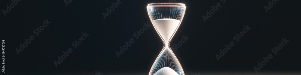 Poster minimalistic hourglass drawn with thin glowing lines suspended on dark background with soft ambient 