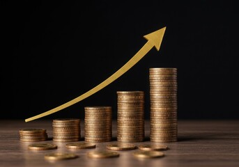 Stacks of coins with golden upward arrow indicating financial growth on a wood surface and black background