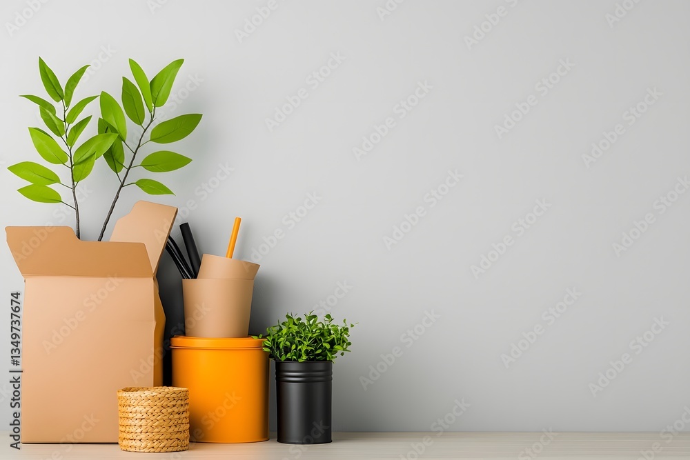 Poster neatly organized array of versatile storage solutions including cardboard boxes wicker baskets