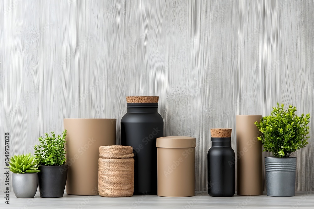 Poster neatly organized collection of stylish storage containers made from a mixture of materials including