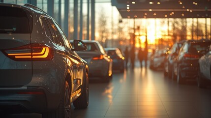 Showroom Setting A Captivating Golden Hour Image Showcasing a Row of Sleek Gray Vehicles in a Modern Dealership, Warm Sunset Light Bathes the Interior, Blurred Figures Suggest a Busy Sales