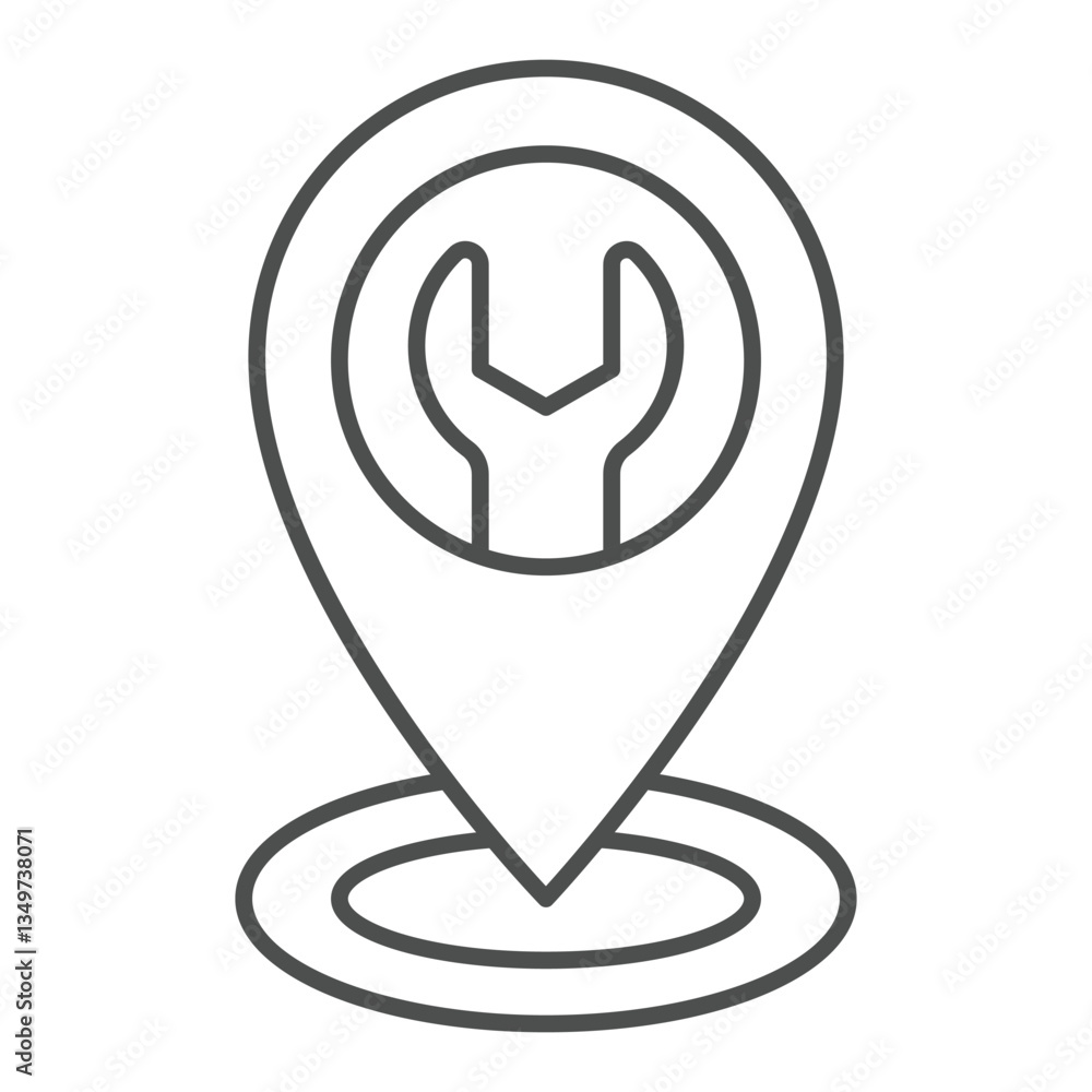 Poster location pinpoint with wrench thin line icon, car service concept. vector graphics. wrench tool geo 