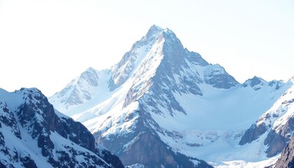 Fototapeta premium Snow-covered mountain peak against bright white sky, scenery, snow, mountain