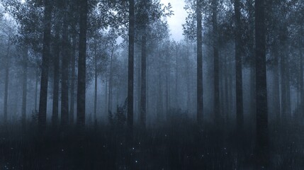 Fototapeta premium Dense forest scene with fog surrounding tall and slender trees