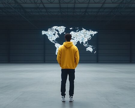 Man views global network in warehouse.