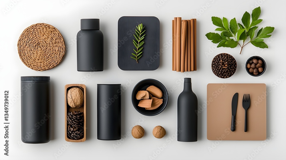 Poster Overhead view of a curated collection of stylish storage containers including cardboard wicker and metallic accents showcasing a minimalist