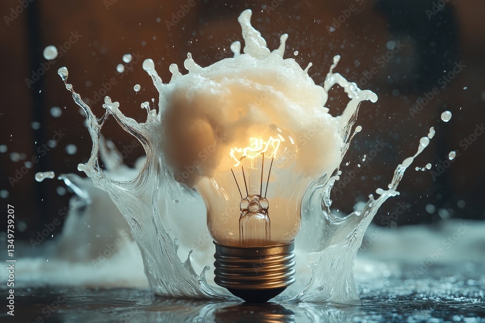 Poster Illuminating burst of energy with a light bulb surrounded by an explosion of water droplets in a dark environment creating a dynamic visual effect