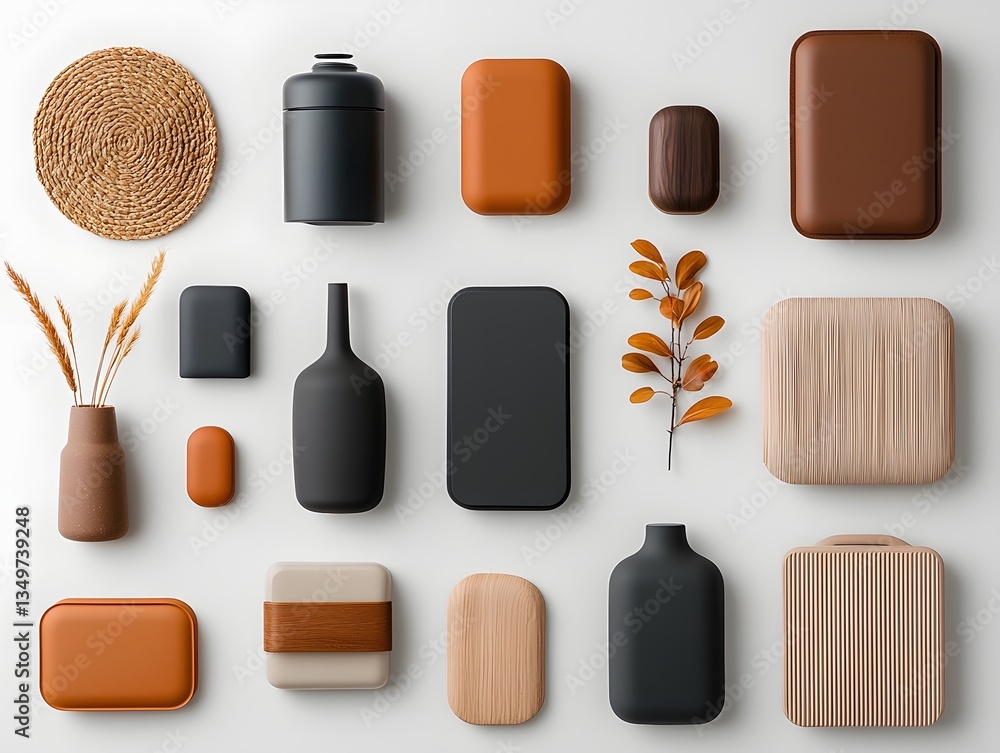 Poster overhead view of a curated collection of various storage containers including cardboard wicker and b