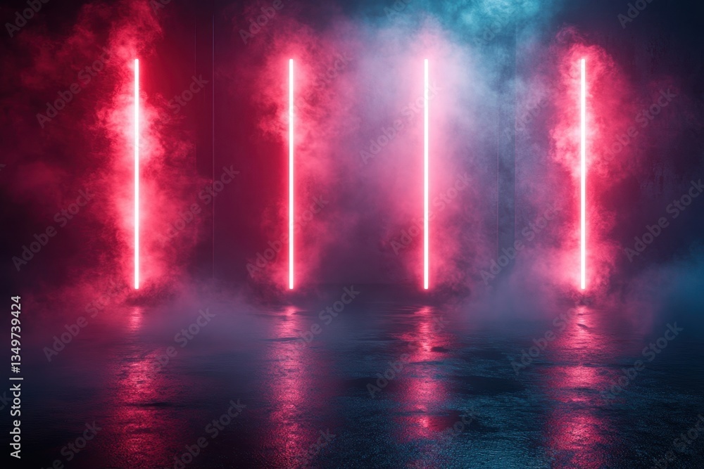Poster colorful neon lights illuminate a foggy space with dramatic blue and red hues creating an immersive 