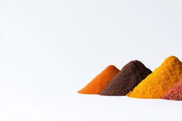 neat array of colorful spices like saffron turmeric and paprika subtly contrasting against pristine white background