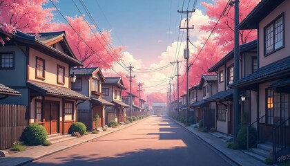 Naklejka premium Japanese Street Scene with Cherry Blossoms and Houses