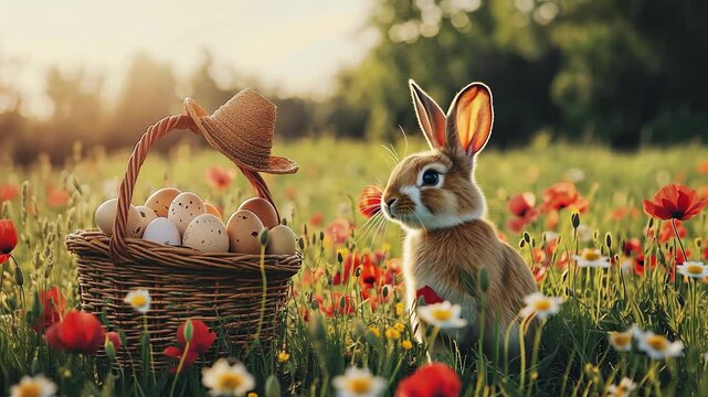 Rabbit in basket with eggs. Poppy hat with a rabbit in the field. A basket of clouds in the sky at sunset. A bunny in a basket surrounded by eggs lifestyle.
