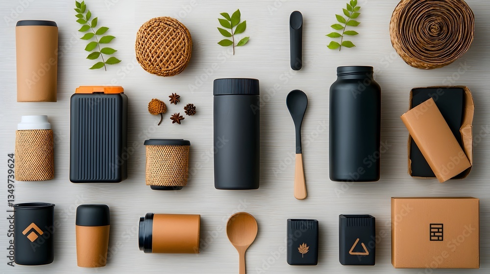 Poster overhead view of a stylish and organized arrangement of various storage containers in diverse textur