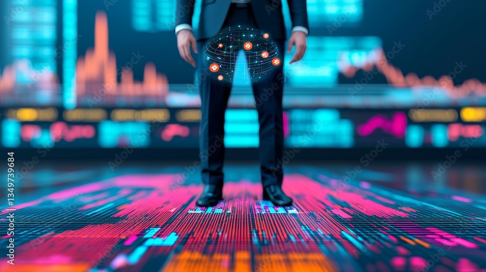 Poster businessman analyzing data on futuristic digital interface in urban setting high-tech environment cl