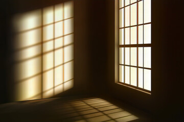 Interior corner scene with a large window casting geometric shadows across the wall and floor in natural sunlight creating an abstract pattern