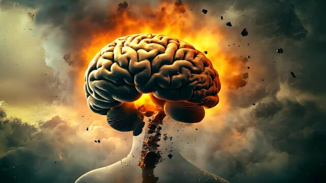 Creative visual of a human brain bursting with fire and explosive effects, symbolizing intense thought or innovation.
