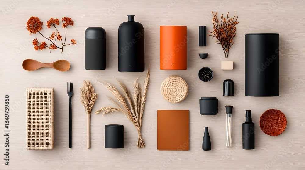 Poster overhead view of an artful arrangement of diverse storage solutions featuring a variety of container