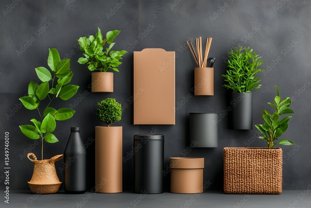 Poster overhead view of an artfully arranged selection of storage solutions including cardboard boxes wicke