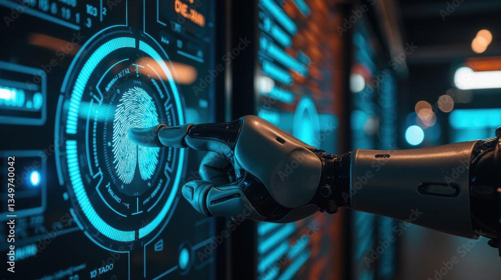 Poster robotic hand interacts with digital fingerprint scanner, showcasing advanced technology and security