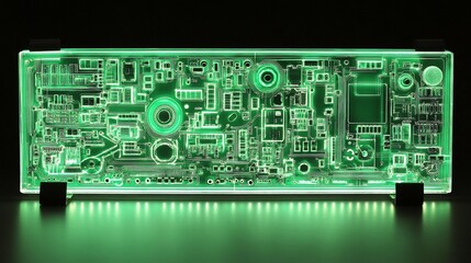 Fototapeta premium Glowing green circuit board illuminates a dark surface, creating light reflections