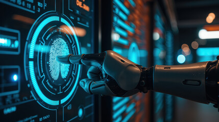 robotic hand interacts with digital fingerprint scanner, showcasing advanced technology and security features
